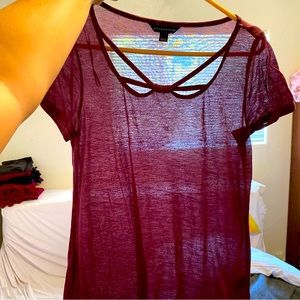 Rock & Republic Strappy Sheer Cross Neck Top cap Sleeve Sexy Red Maroon Fuschia